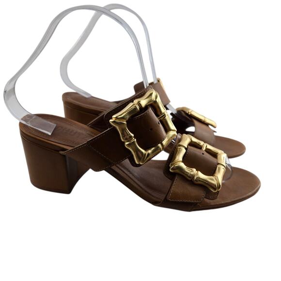 Schutz Enola Mid Block Sandals Womens 8.5 Caramel Brown Leather Gold Tone Buckle - Picture 1 of 10